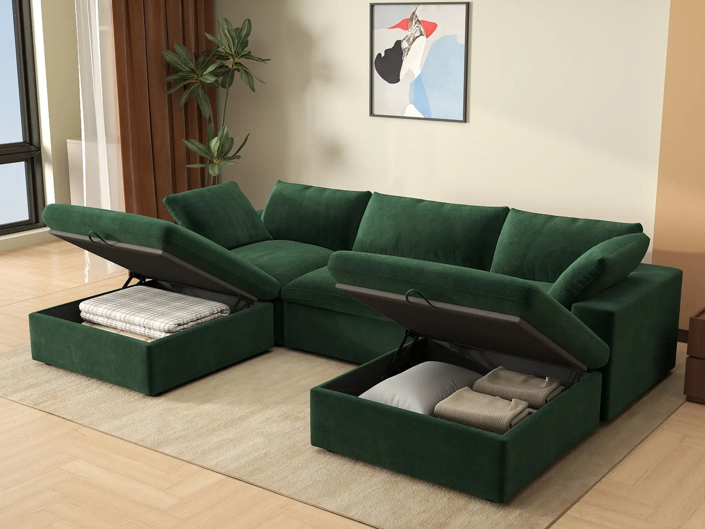 Deluxe Cloud 3-Seater Olive Green U-Shaped Sectional | 5-Piece (Includes 2 Ottomans), Velvet Fabric, Family Room Seating, Washable Cushion Covers
