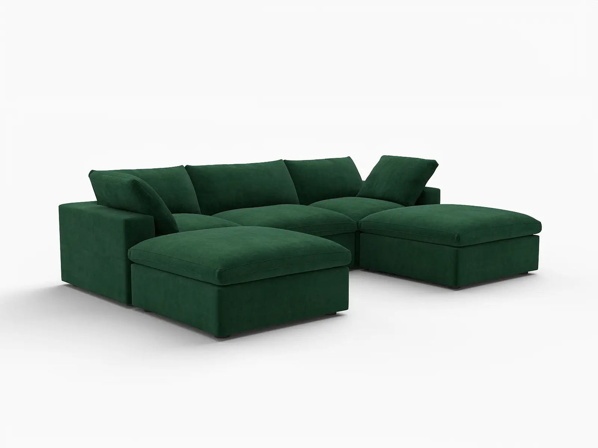 Deluxe Cloud 3-Seater Olive Green U-Shaped Sectional | 5-Piece (Includes 2 Ottomans), Velvet Fabric, Family Room Seating, Washable Cushion Covers