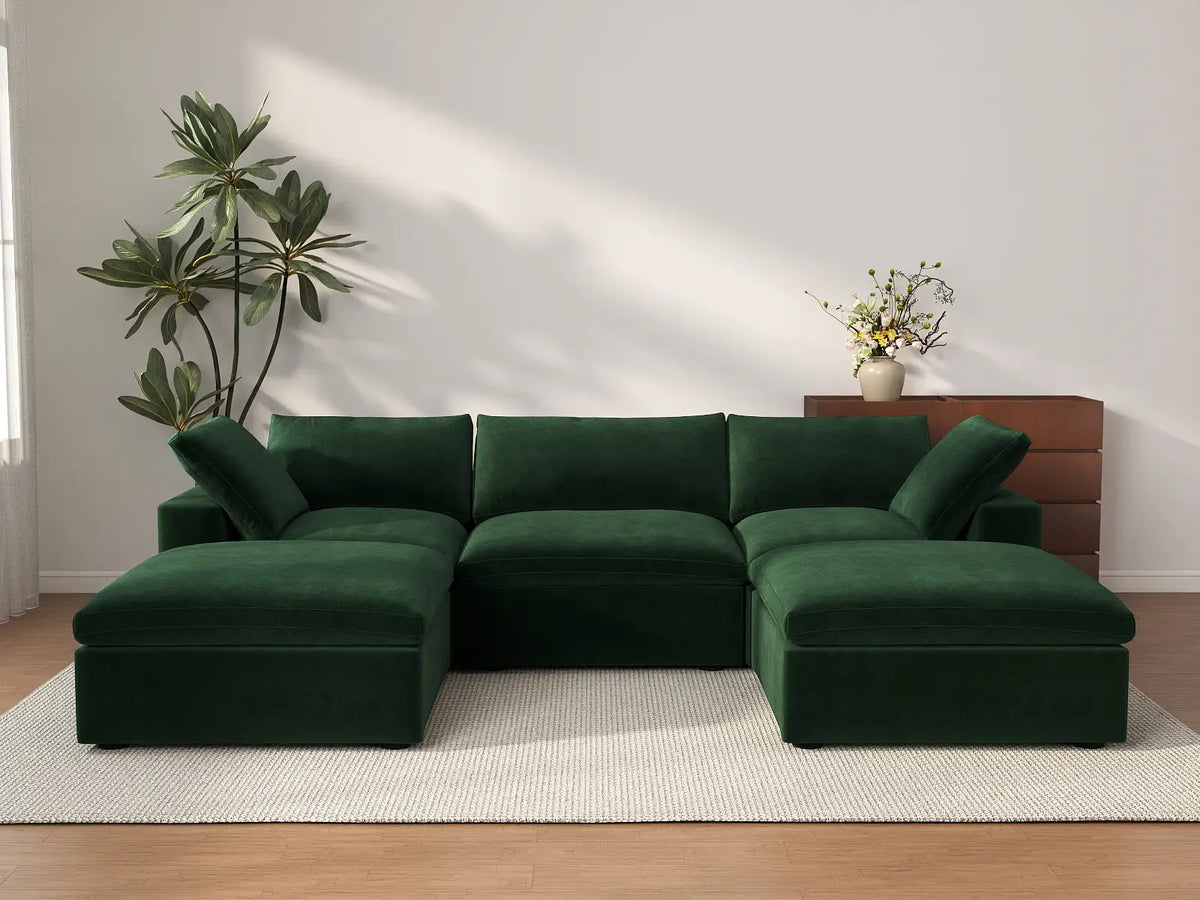 Deluxe Cloud 3-Seater Olive Green U-Shaped Sectional | 5-Piece (Includes 2 Ottomans), Velvet Fabric, Family Room Seating, Washable Cushion Covers