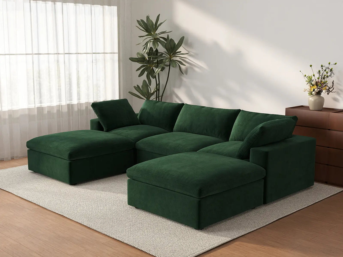 Deluxe Cloud 3-Seater Olive Green U-Shaped Sectional | 5-Piece (Includes 2 Ottomans), Velvet Fabric, Family Room Seating, Washable Cushion Covers