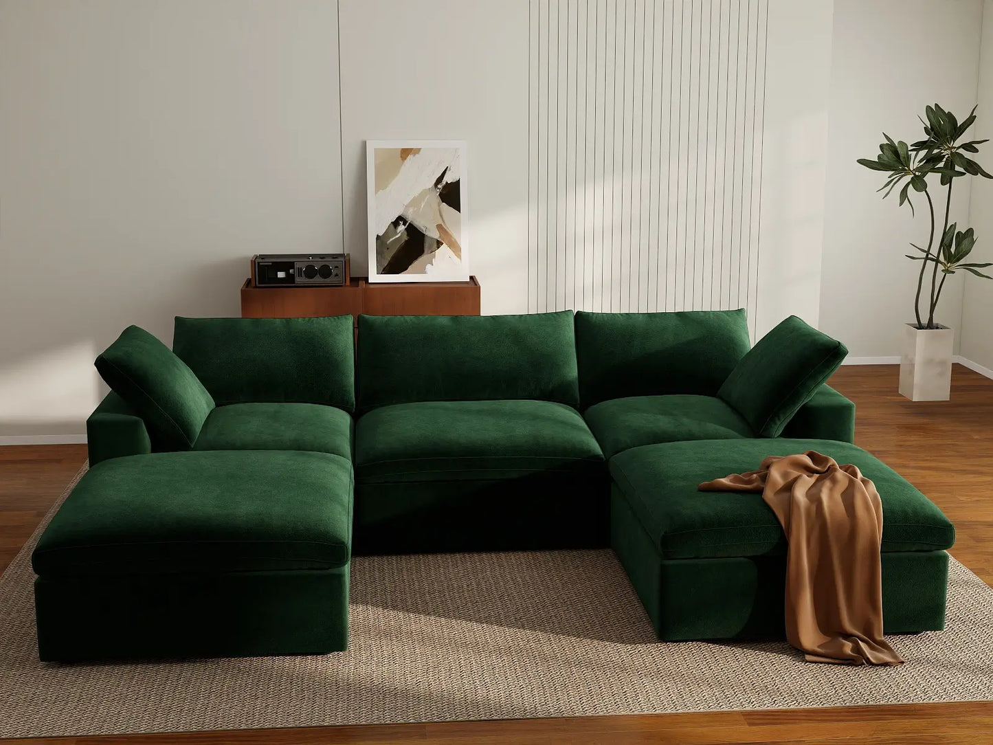 Deluxe Cloud 3-Seater Olive Green U-Shaped Sectional | 5-Piece (Includes 2 Ottomans), Velvet Fabric, Family Room Seating, Washable Cushion Covers