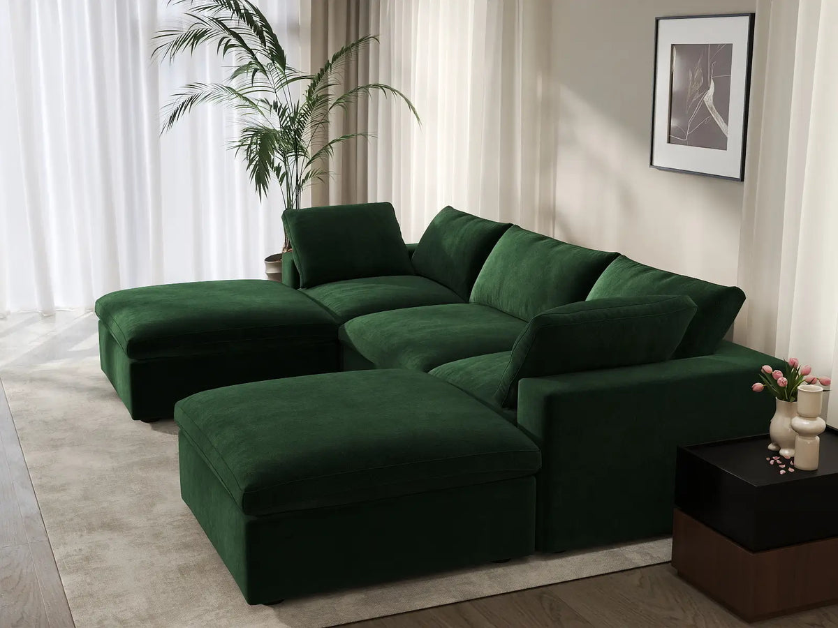 Deluxe Cloud 3-Seater Olive Green U-Shaped Sectional | 5-Piece (Includes 2 Ottomans), Velvet Fabric, Family Room Seating, Washable Cushion Covers