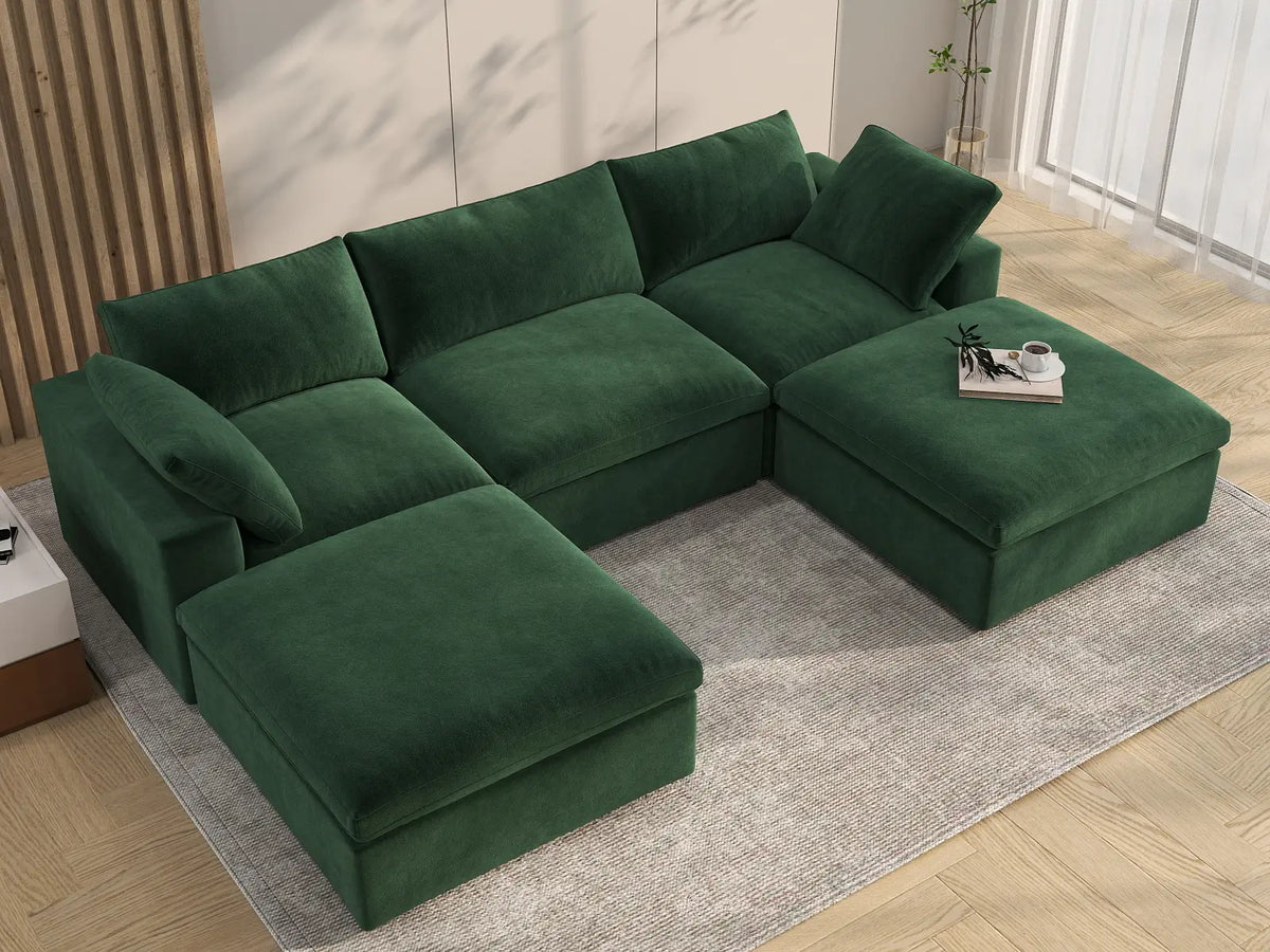 Deluxe Cloud 3-Seater Olive Green U-Shaped Sectional | 5-Piece (Includes 2 Ottomans), Velvet Fabric, Family Room Seating, Washable Cushion Covers
