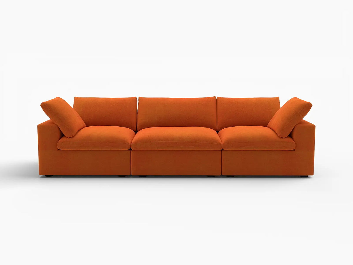 Deluxe Cloud 3-Seater Orange Couch Sectional | 3-Piece, Velvet Fabric, Living Room Seating, Washable Cushion Covers