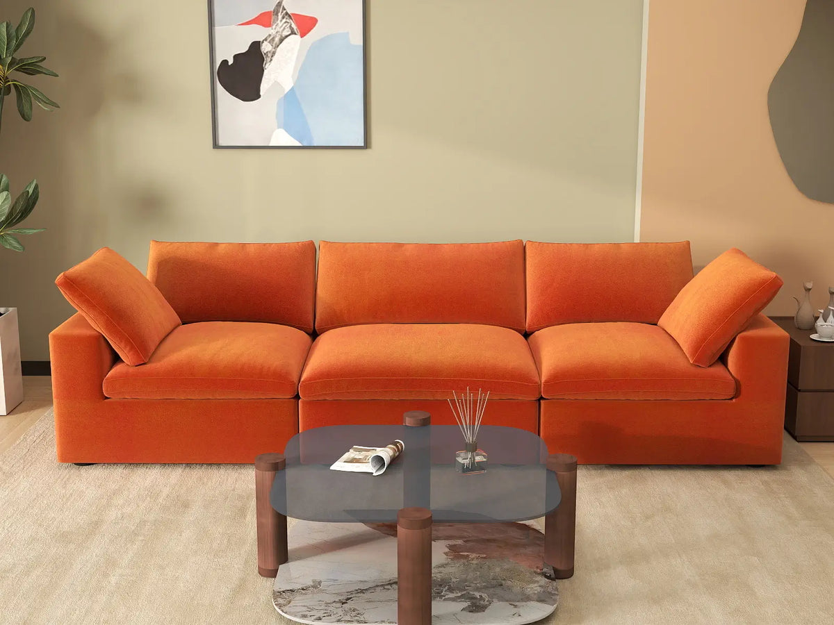 Deluxe Cloud 3-Seater Orange Couch Sectional | 3-Piece, Velvet Fabric, Living Room Seating, Washable Cushion Covers