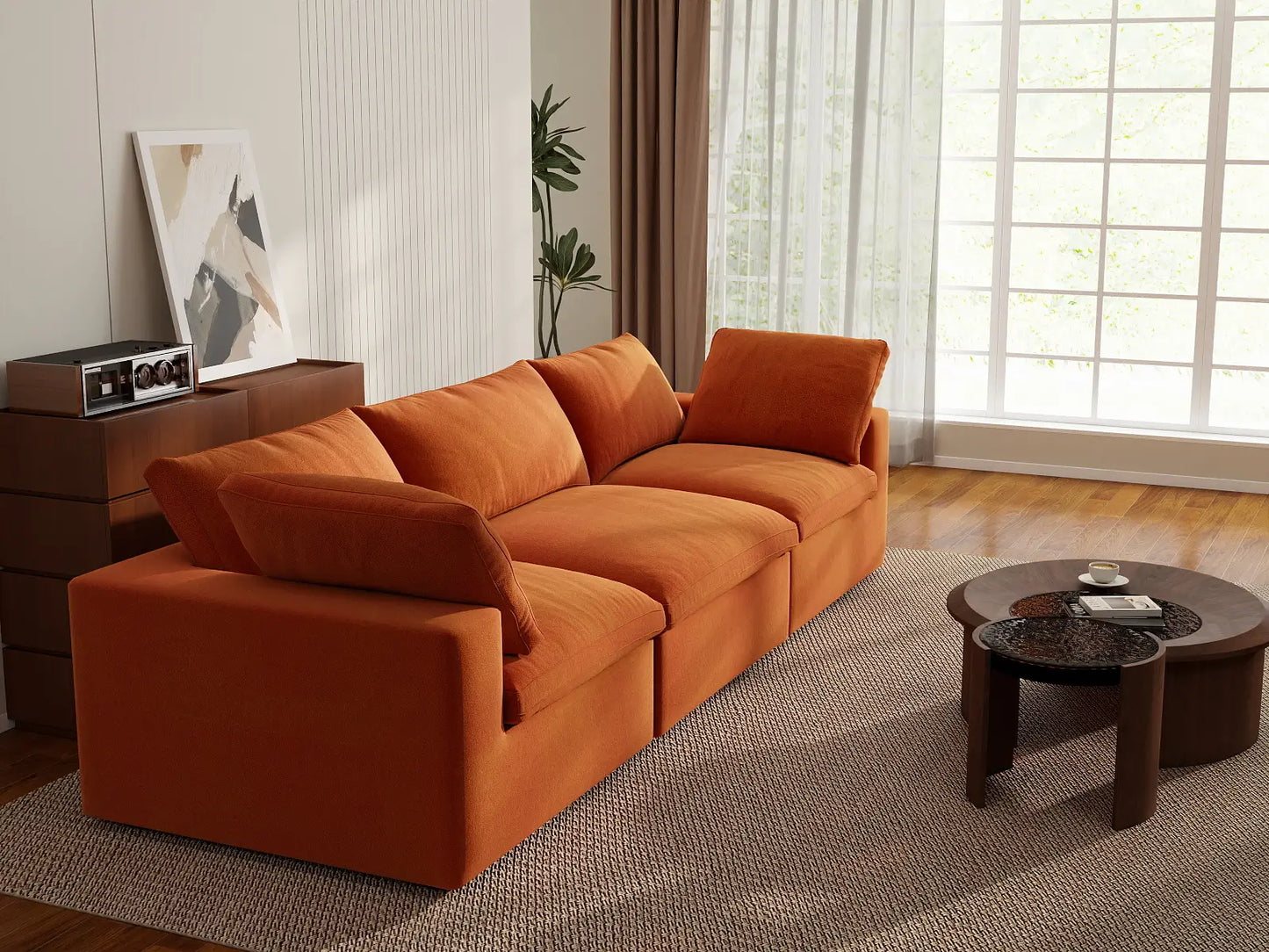 Deluxe Cloud 3-Seater Orange Couch Sectional | 3-Piece, Velvet Fabric, Living Room Seating, Washable Cushion Covers