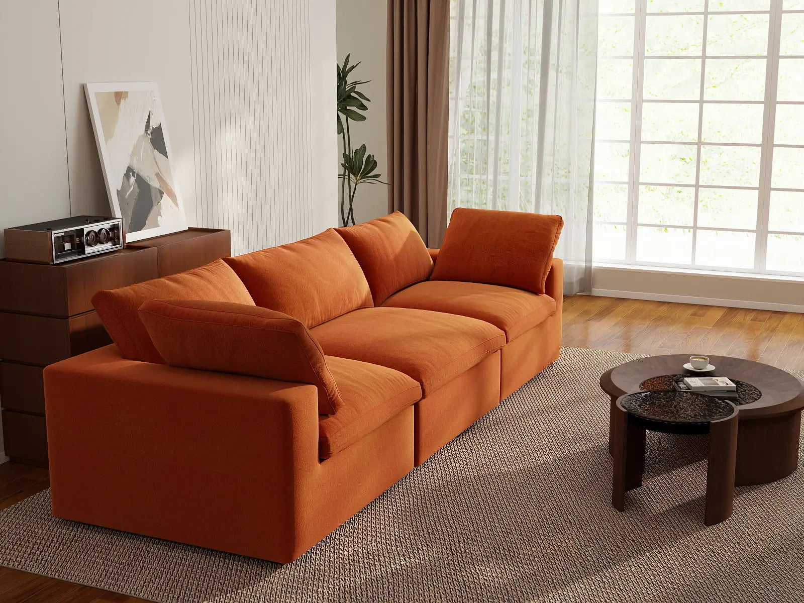 Deluxe Cloud 3-Seater Orange Couch Sectional | 3-Piece, Velvet Fabric, Living Room Seating, Washable Cushion Covers