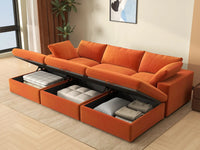 Deluxe Cloud 3-Seater Orange Pit Sectional | 6-Piece (Includes 3 Ottomans), Velvet Fabric, Family Room Seating, Washable Cushion Covers