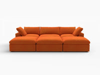 Deluxe Cloud 3-Seater Orange Pit Sectional | 6-Piece (Includes 3 Ottomans), Velvet Fabric, Family Room Seating, Washable Cushion Covers