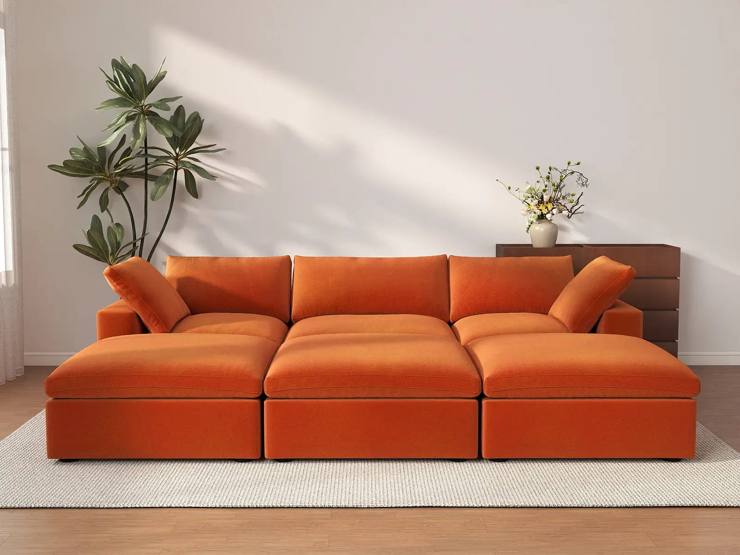 Deluxe Cloud 3-Seater Orange Pit Sectional | 6-Piece (Includes 3 Ottomans), Velvet Fabric, Family Room Seating, Washable Cushion Covers