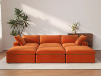 Deluxe Cloud 3-Seater Orange Pit Sectional | 6-Piece (Includes 3 Ottomans), Velvet Fabric, Family Room Seating, Washable Cushion Covers