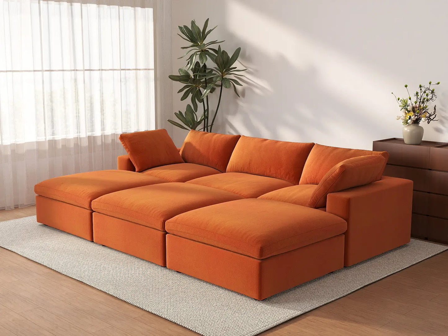 Deluxe Cloud 3-Seater Orange Pit Sectional | 6-Piece (Includes 3 Ottomans), Velvet Fabric, Family Room Seating, Washable Cushion Covers