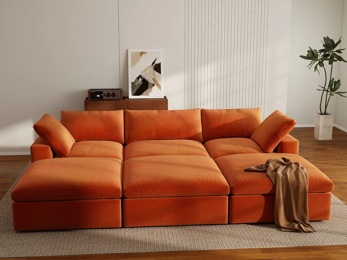 Deluxe Cloud 3-Seater Orange Pit Sectional | 6-Piece (Includes 3 Ottomans), Velvet Fabric, Family Room Seating, Washable Cushion Covers