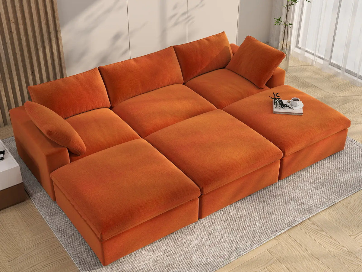 Deluxe Cloud 3-Seater Orange Pit Sectional | 6-Piece (Includes 3 Ottomans), Velvet Fabric, Family Room Seating, Washable Cushion Covers