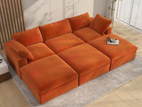 Deluxe Cloud 3-Seater Orange Pit Sectional | 6-Piece (Includes 3 Ottomans), Velvet Fabric, Family Room Seating, Washable Cushion Covers
