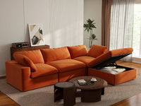 Deluxe Cloud 3-Seater Orange Sofa Set | 4-Piece (Includes 1 Ottoman), Velvet Fabric, Washable Cushion Covers