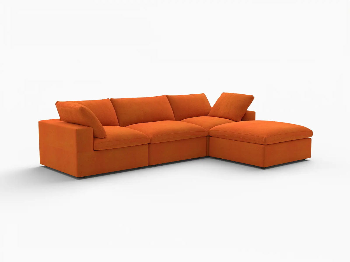 Deluxe Cloud 3-Seater Orange Sofa Set | 4-Piece (Includes 1 Ottoman), Velvet Fabric, Washable Cushion Covers