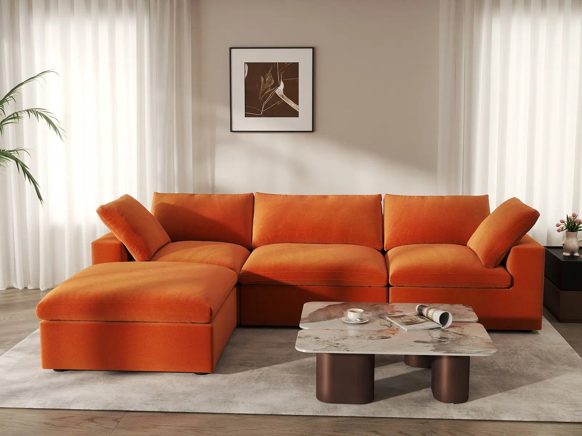 Deluxe Cloud 3-Seater Orange Sofa Set | 4-Piece (Includes 1 Ottoman), Velvet Fabric, Washable Cushion Covers