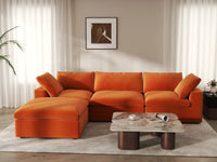 Deluxe Cloud 3-Seater Orange Sofa Set | 4-Piece (Includes 1 Ottoman), Velvet Fabric, Washable Cushion Covers