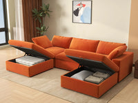 Deluxe Cloud 3-Seater Orange U-Shaped Sectional | 5-Piece (Includes 2 Ottomans), Velvet Fabric, Family Room Seating, Washable Cushion Covers