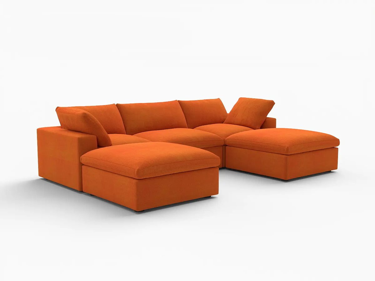 Deluxe Cloud 3-Seater Orange U-Shaped Sectional | 5-Piece (Includes 2 Ottomans), Velvet Fabric, Family Room Seating, Washable Cushion Covers