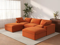 Deluxe Cloud 3-Seater Orange U-Shaped Sectional | 5-Piece (Includes 2 Ottomans), Velvet Fabric, Family Room Seating, Washable Cushion Covers
