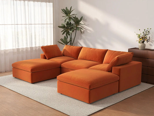 Deluxe Cloud 3-Seater Orange U-Shaped Sectional | 5-Piece (Includes 2 Ottomans), Velvet Fabric, Family Room Seating, Washable Cushion Covers