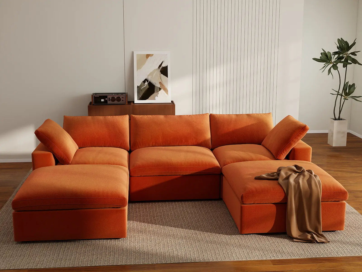 Deluxe Cloud 3-Seater Orange U-Shaped Sectional | 5-Piece (Includes 2 Ottomans), Velvet Fabric, Family Room Seating, Washable Cushion Covers