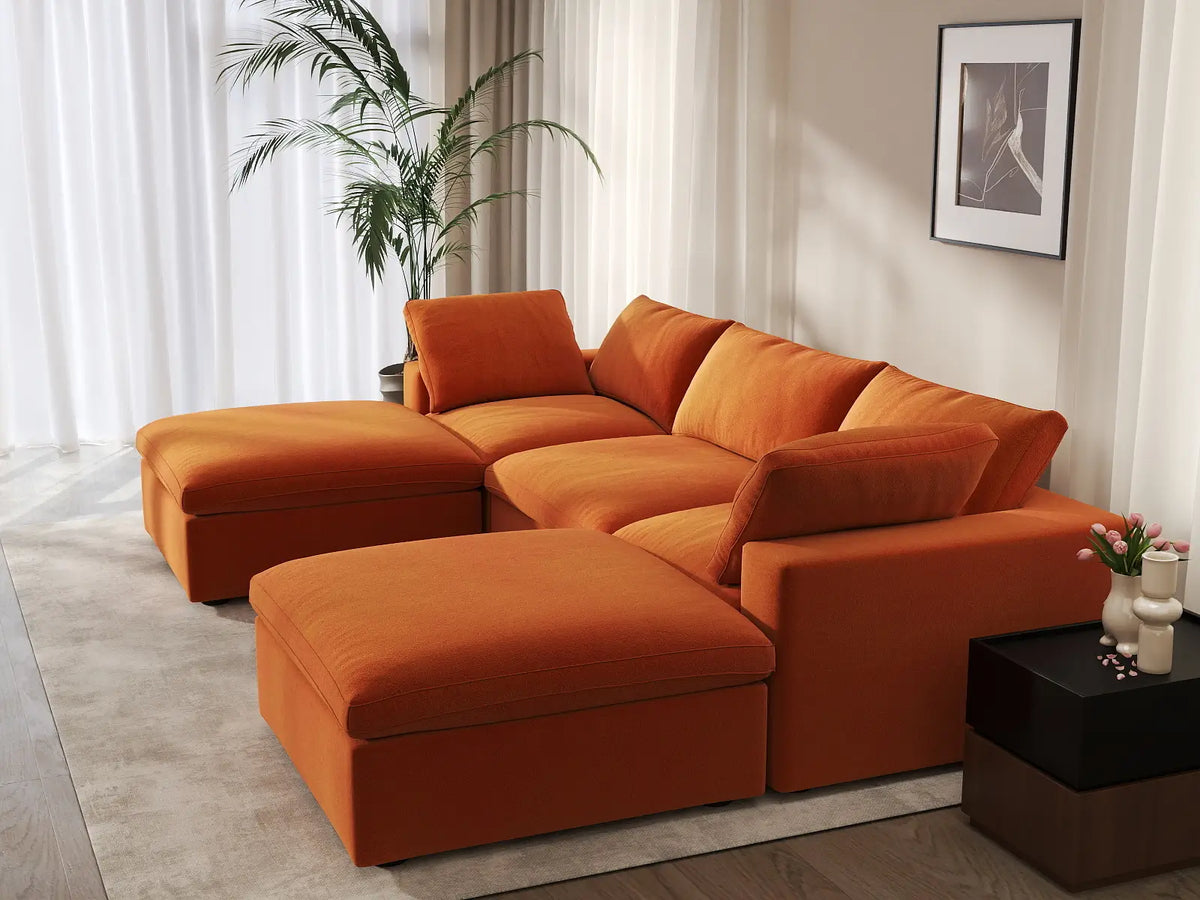 Deluxe Cloud 3-Seater Orange U-Shaped Sectional | 5-Piece (Includes 2 Ottomans), Velvet Fabric, Family Room Seating, Washable Cushion Covers