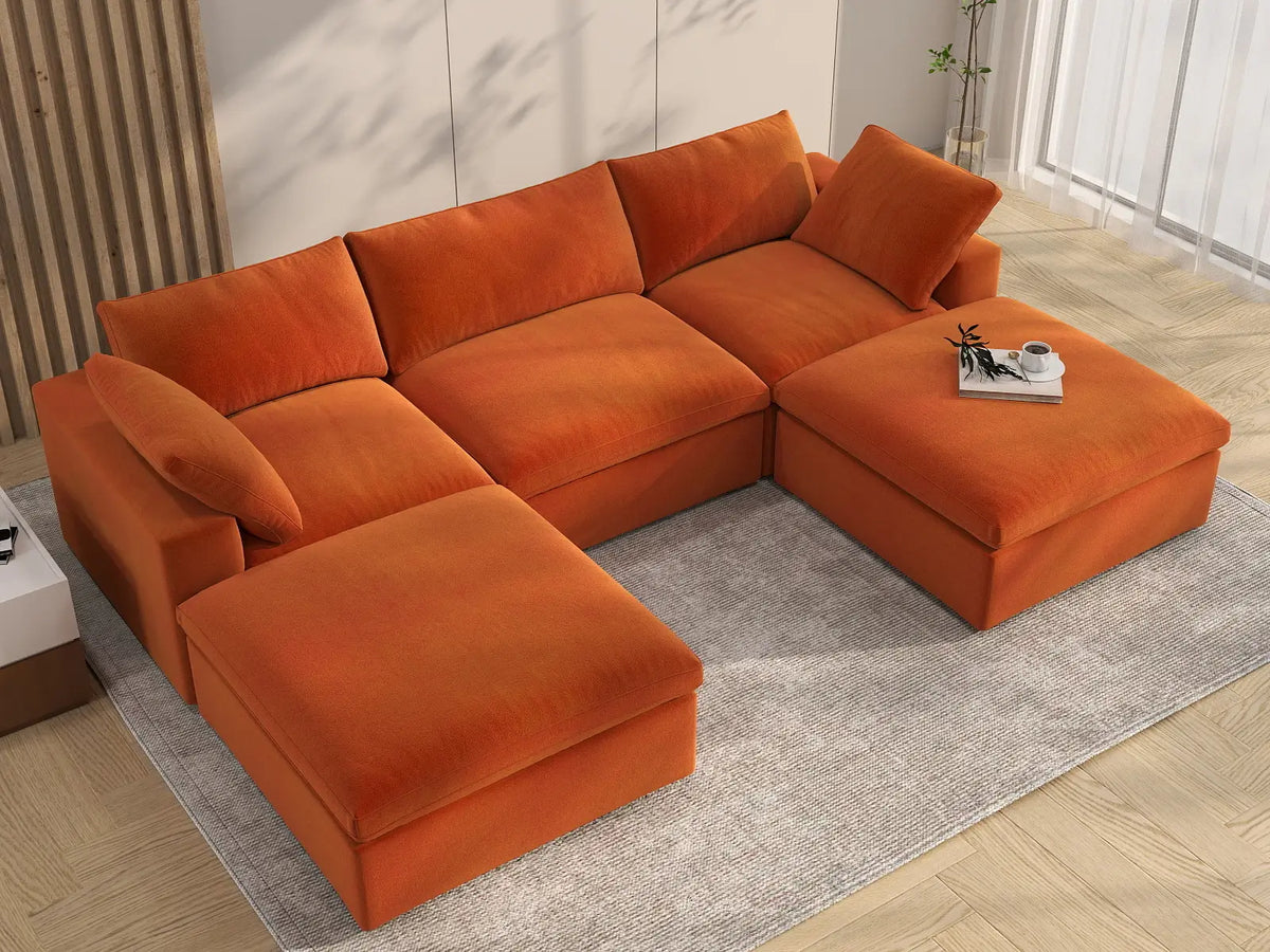 Deluxe Cloud 3-Seater Orange U-Shaped Sectional | 5-Piece (Includes 2 Ottomans), Velvet Fabric, Family Room Seating, Washable Cushion Covers