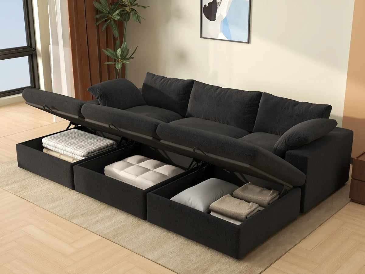 Deluxe Cloud 3-Seater Pit Sectional in Black Cotton And Linen | 6-Piece (Includes 3 Ottomans), Family Room Seating, Easy To Clean, Stylish Design