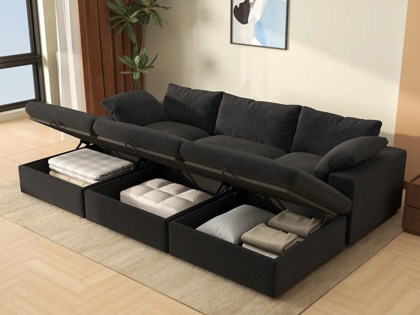 Deluxe Cloud 3-Seater Pit Sectional in Black Cotton And Linen | 6-Piece (Includes 3 Ottomans), Family Room Seating, Easy To Clean, Stylish Design