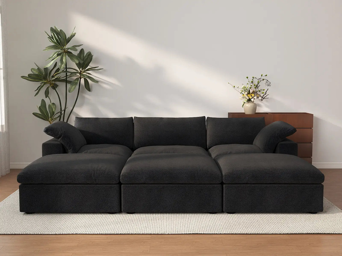 Deluxe Cloud 3-Seater Pit Sectional in Black Cotton And Linen | 6-Piece (Includes 3 Ottomans), Family Room Seating, Easy To Clean, Stylish Design