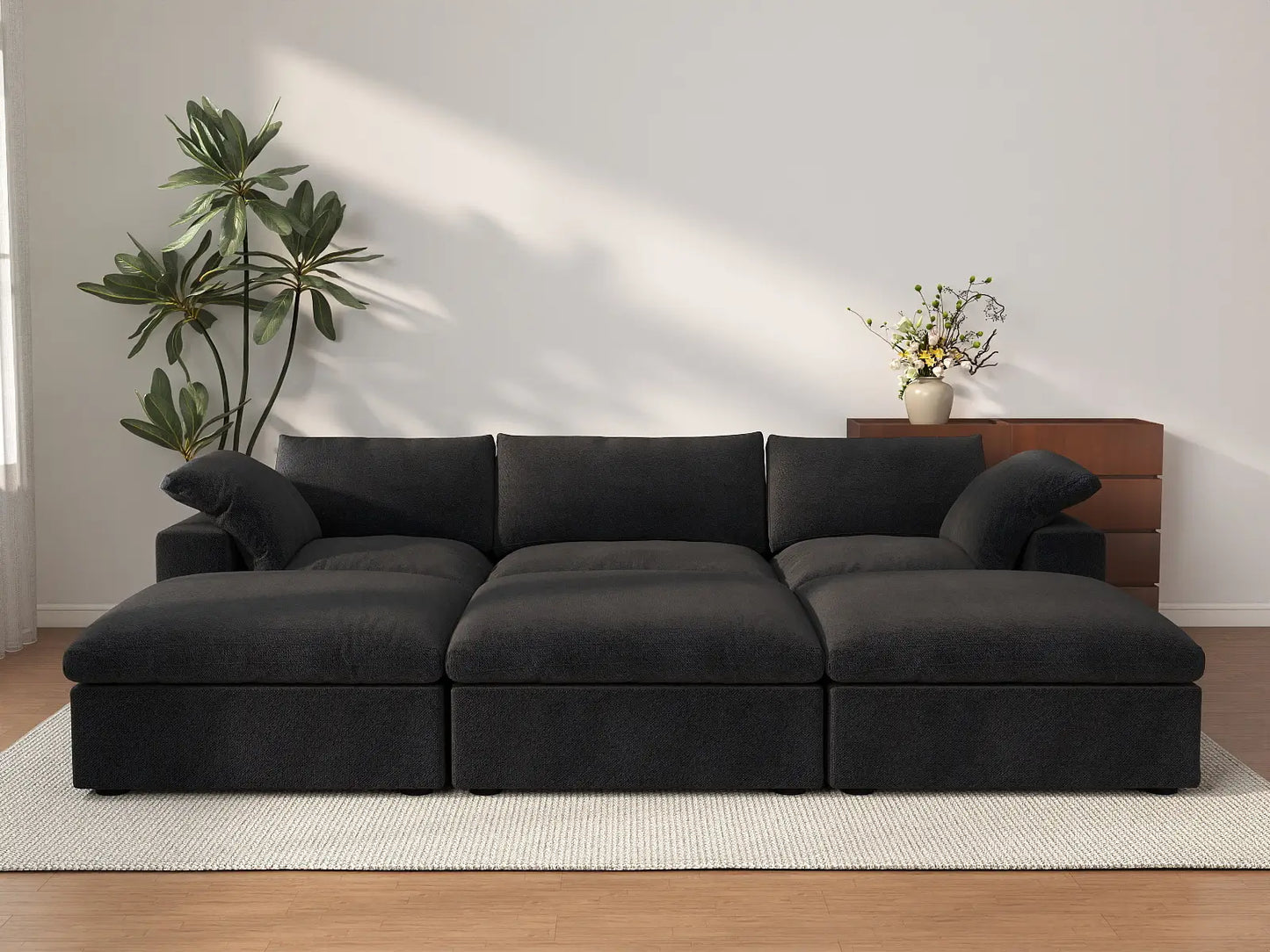 Deluxe Cloud 3-Seater Pit Sectional in Black Cotton And Linen | 6-Piece (Includes 3 Ottomans), Family Room Seating, Easy To Clean, Stylish Design