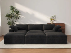Deluxe Cloud 3-Seater Pit Sectional in Black Cotton And Linen | 6-Piece (Includes 3 Ottomans), Family Room Seating, Easy To Clean, Stylish Design
