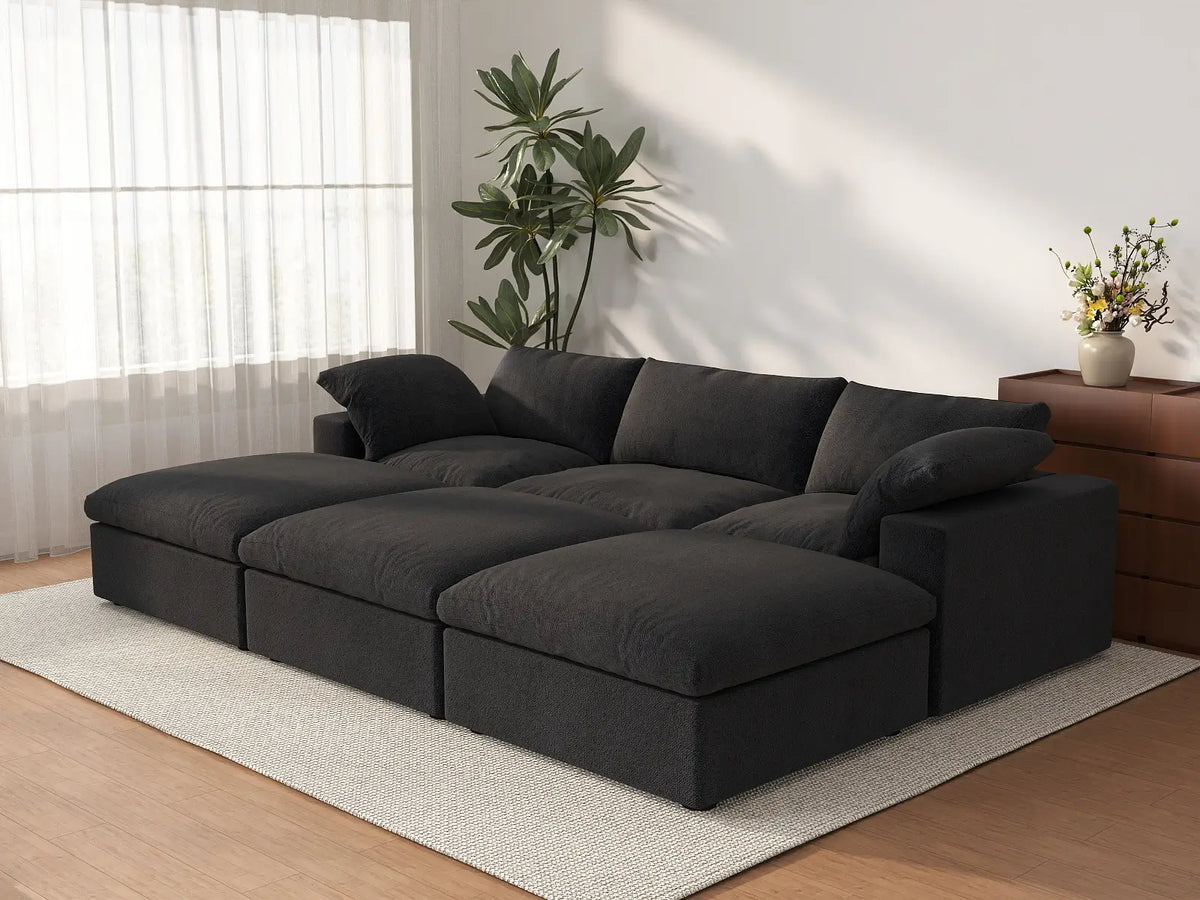 Deluxe Cloud 3-Seater Pit Sectional in Black Cotton And Linen | 6-Piece (Includes 3 Ottomans), Family Room Seating, Easy To Clean, Stylish Design
