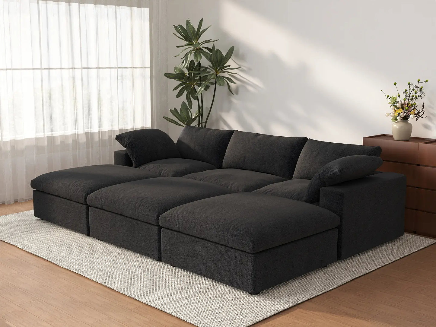 Deluxe Cloud 3-Seater Pit Sectional in Black Cotton And Linen | 6-Piece (Includes 3 Ottomans), Family Room Seating, Easy To Clean, Stylish Design