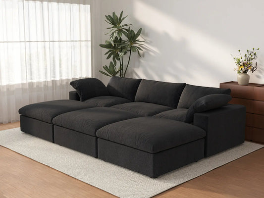 Deluxe Cloud 3-Seater Pit Sectional in Black Cotton And Linen | 6-Piece (Includes 3 Ottomans), Family Room Seating, Easy To Clean, Stylish Design
