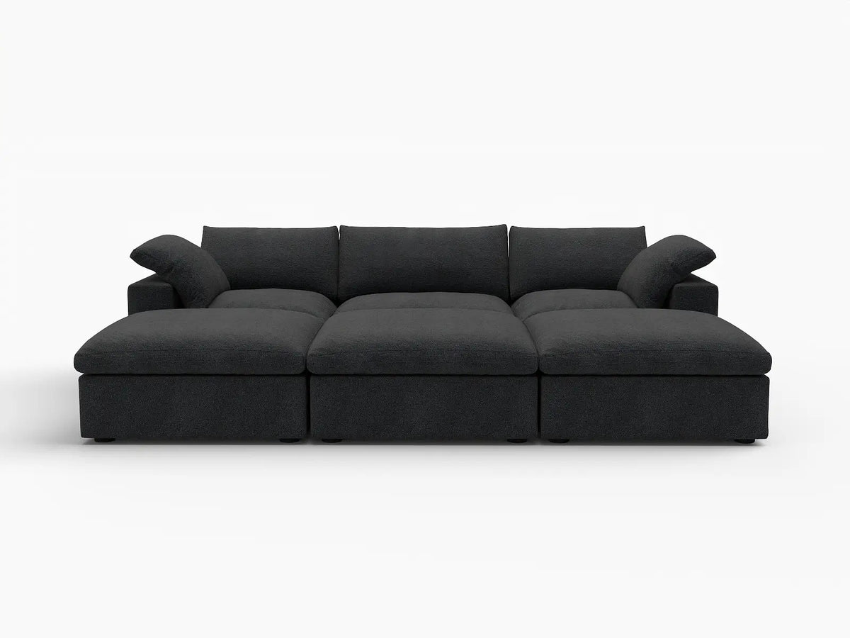 Deluxe Cloud 3-Seater Pit Sectional in Black Cotton And Linen | 6-Piece (Includes 3 Ottomans), Family Room Seating, Easy To Clean, Stylish Design