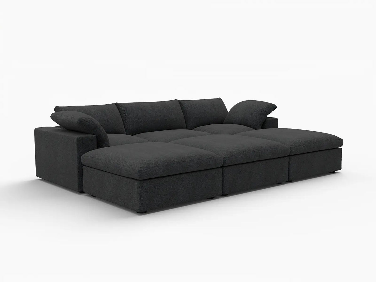 Deluxe Cloud 3-Seater Pit Sectional in Black Cotton And Linen | 6-Piece (Includes 3 Ottomans), Family Room Seating, Easy To Clean, Stylish Design