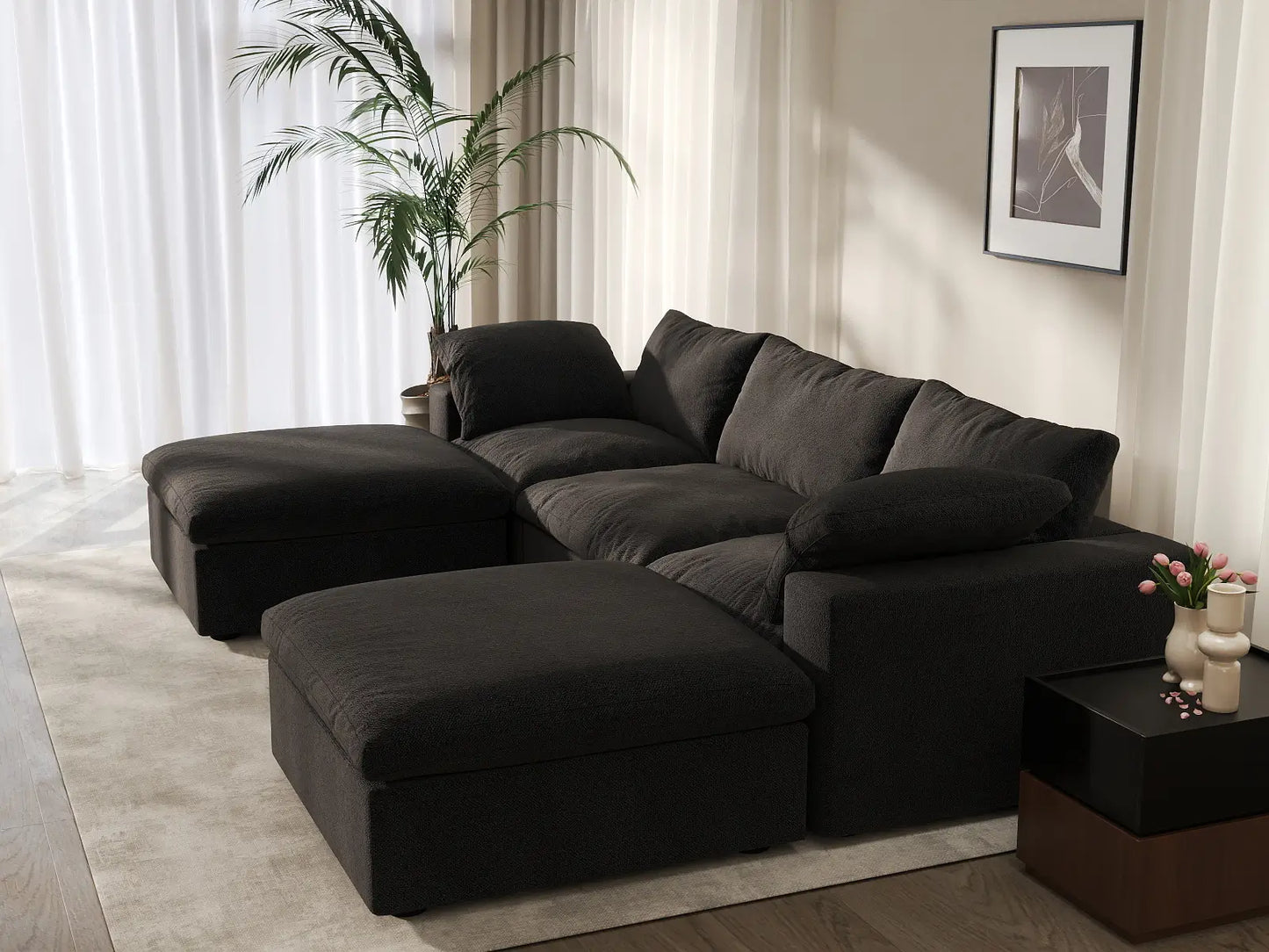 Deluxe Premium Cloud Sectional Sofa Covers | Black Cotton and Linen Sofa Cover for 3-Seater with 3-Ottomans