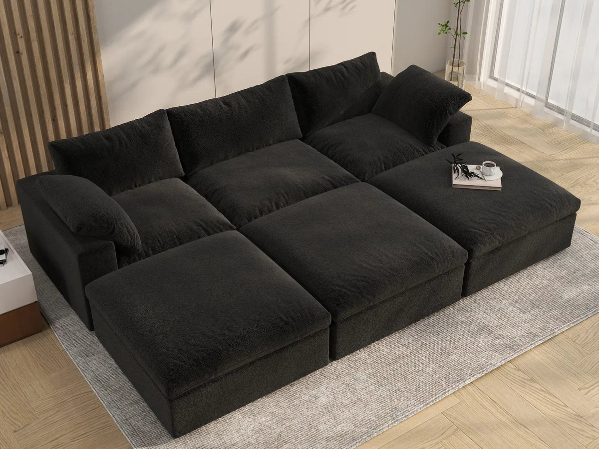 Deluxe Cloud 3-Seater Pit Sectional in Black Cotton And Linen | 6-Piece (Includes 3 Ottomans), Family Room Seating, Easy To Clean, Stylish Design