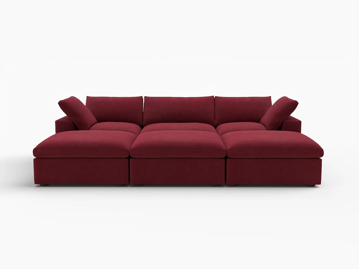 Deluxe Cloud 3-Seater Pit Sectional in Claret Velvet | 6-Piece (Includes 3 Ottomans), Family Room Seating, Easy To Clean, Modular Design