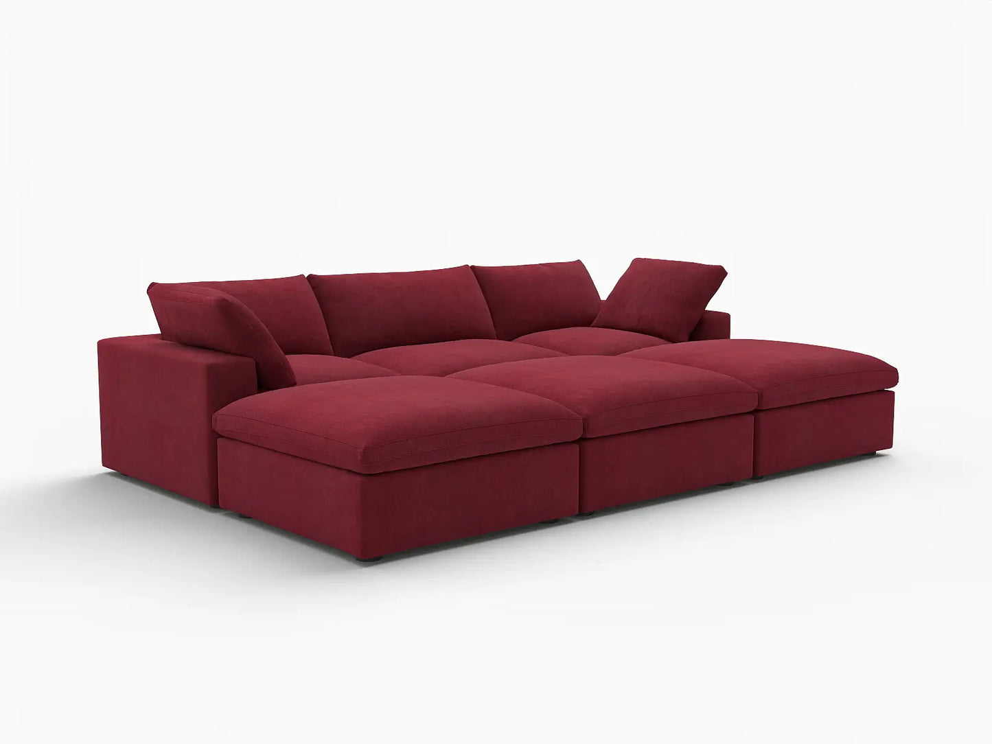 Deluxe Cloud 3-Seater Pit Sectional in Claret Velvet | 6-Piece (Includes 3 Ottomans), Family Room Seating, Easy To Clean, Modular Design