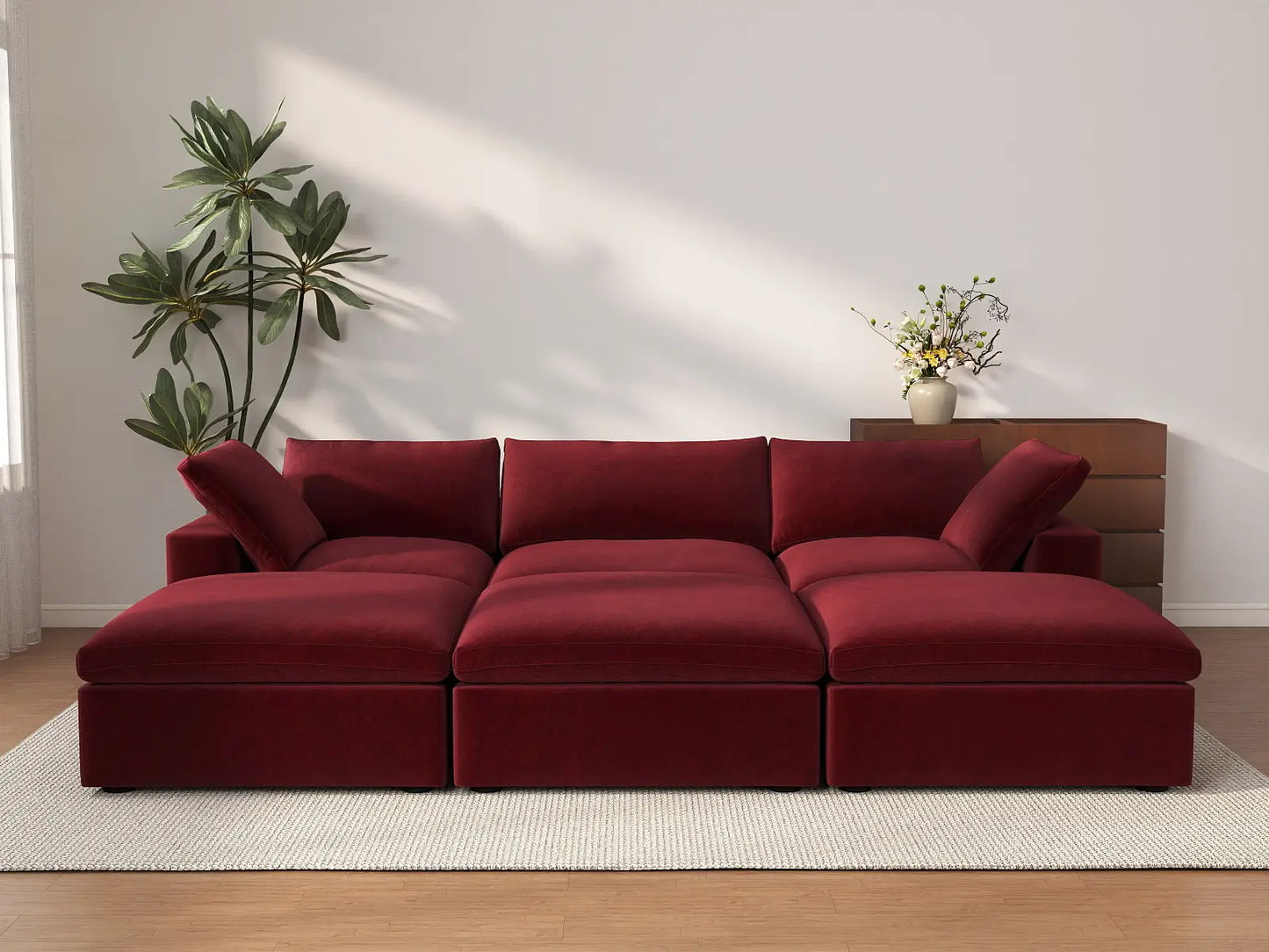 Deluxe Cloud 3-Seater Pit Sectional in Claret Velvet | 6-Piece (Includes 3 Ottomans), Family Room Seating, Easy To Clean, Modular Design