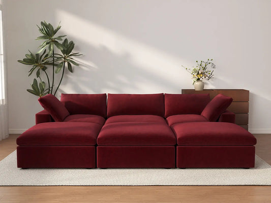 Deluxe Cloud 3-Seater Pit Sectional in Claret Velvet | 6-Piece (Includes 3 Ottomans), Family Room Seating, Easy To Clean, Modular Design