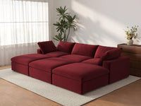 Deluxe Cloud 3-Seater Pit Sectional in Claret Velvet | 6-Piece (Includes 3 Ottomans), Family Room Seating, Easy To Clean, Modular Design
