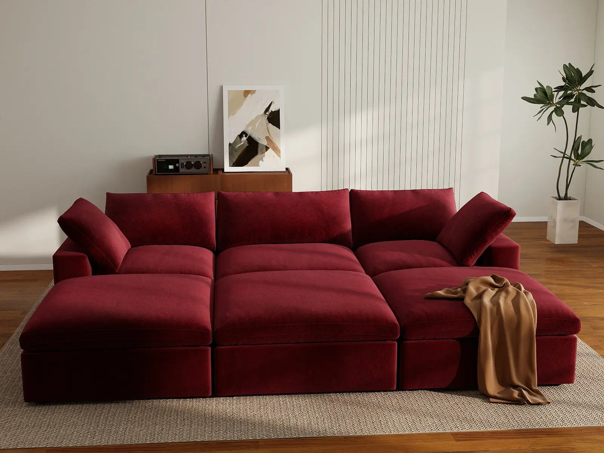 Deluxe Cloud 3-Seater Pit Sectional in Claret Velvet | 6-Piece (Includes 3 Ottomans), Family Room Seating, Easy To Clean, Modular Design
