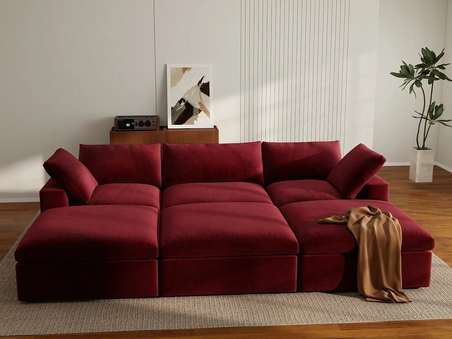 Deluxe Cloud 3-Seater Pit Sectional in Claret Velvet | 6-Piece (Includes 3 Ottomans), Family Room Seating, Easy To Clean, Modular Design