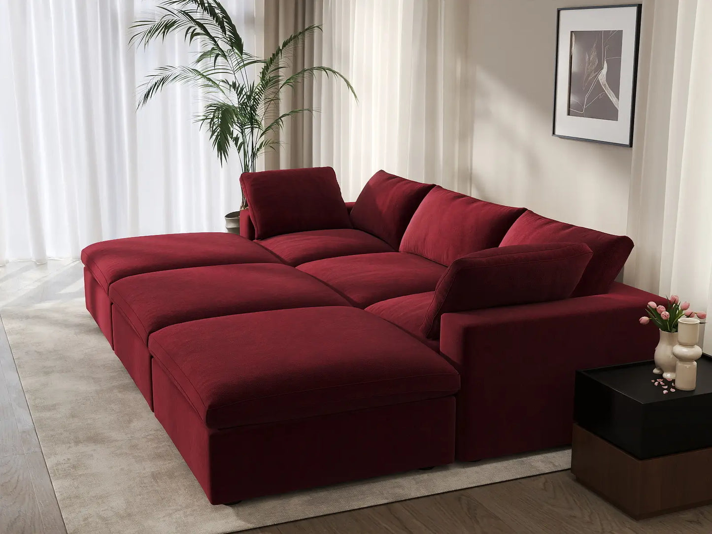 Deluxe Cloud 3-Seater Pit Sectional in Claret Velvet | 6-Piece (Includes 3 Ottomans), Family Room Seating, Easy To Clean, Modular Design
